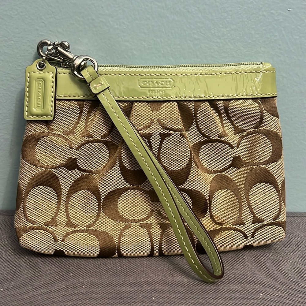 Coach signature brown, green leather trim wristlet